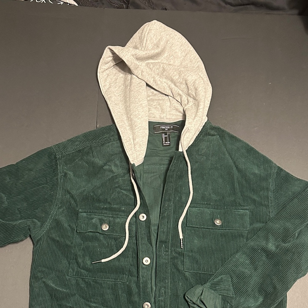 Forever 21 Forest Green Corduroy Jacket with Light Gray Hood